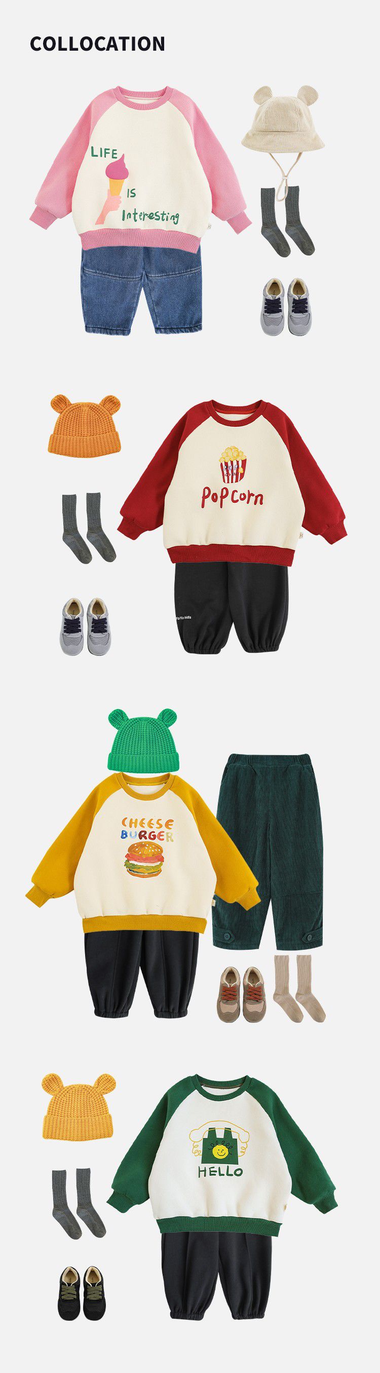 TONGMO - (加絨)卡通圓領保暖長袖上衣/大學T-漢堡-黃+米白