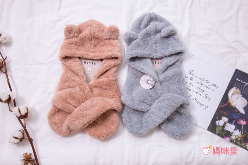 日本 AUBE - 毛茸茸保暖圍脖帽(親子通用款)-熊耳造型-粉紅 (Free size)