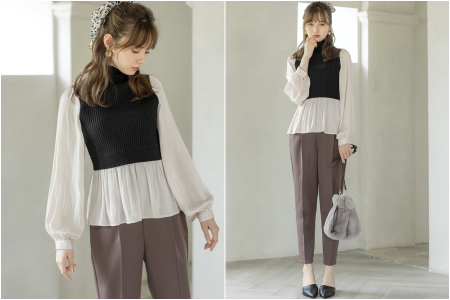 日本 GRL - 假兩件針織高領背心X飄逸風白襯衫-氣質杏