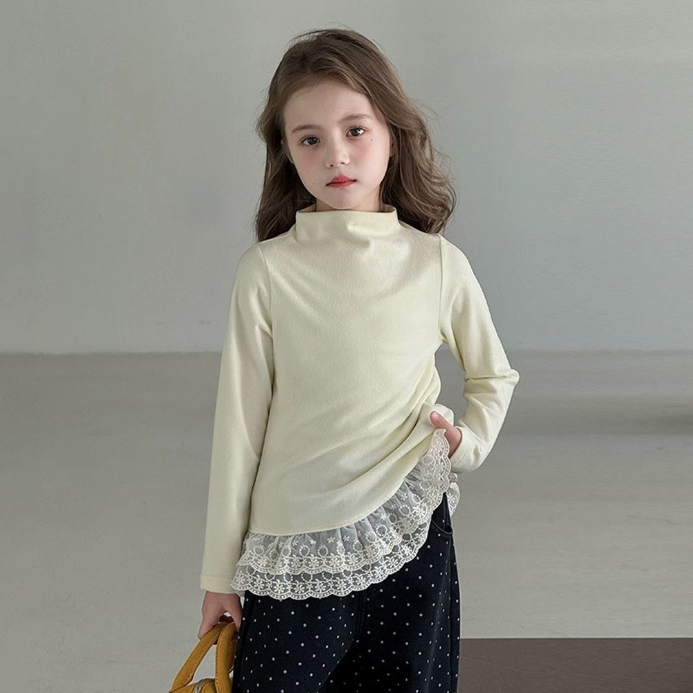 暖暖高領蕾絲花邊長袖上衣-米杏