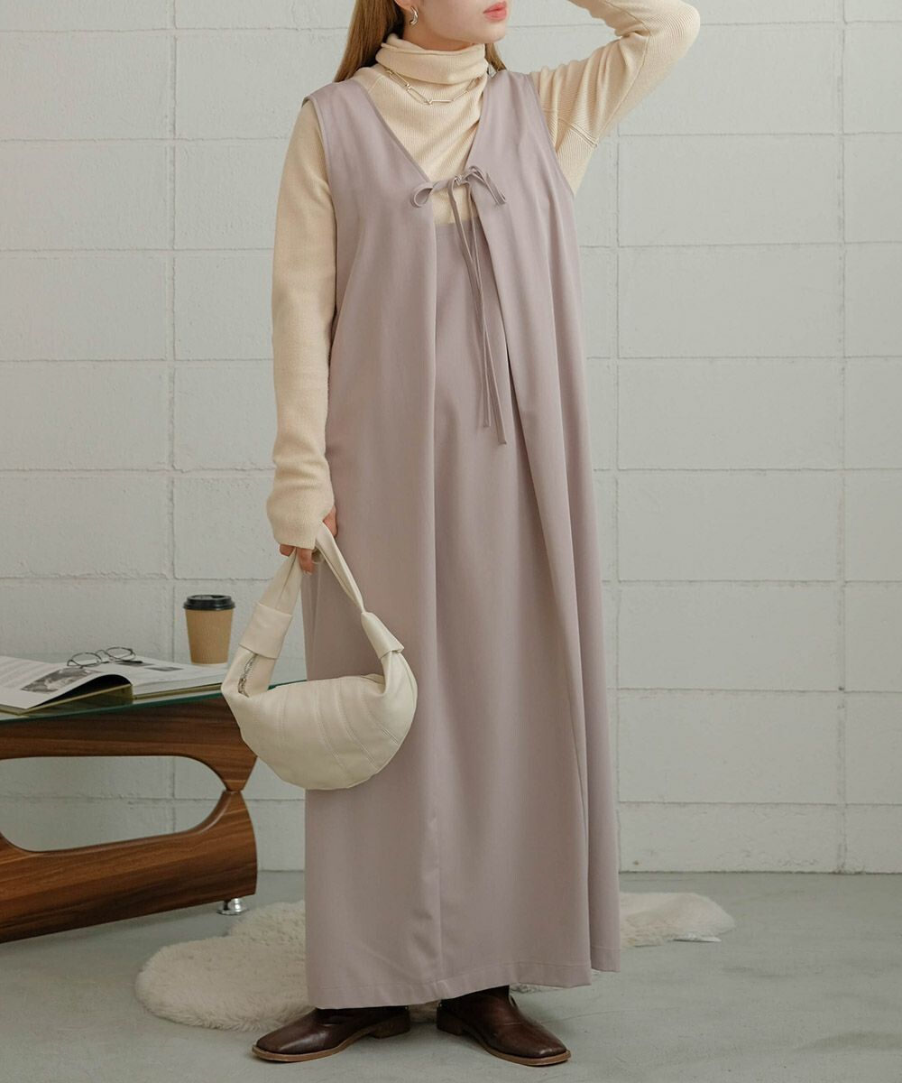 日本 Bab - [日雜推薦] 氣質綁帶V領背心裙-石英灰