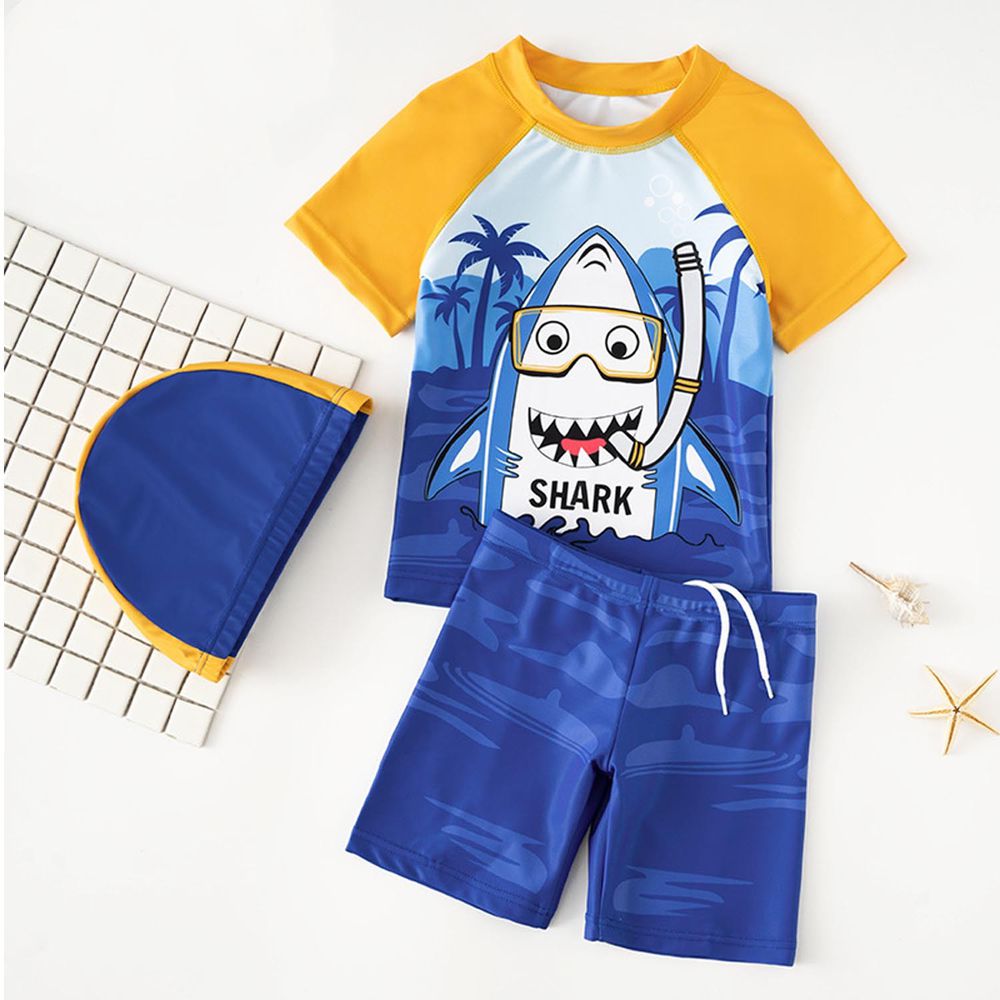 男寶短袖泳裝套裝-鯊魚去浮淺-藍+黃