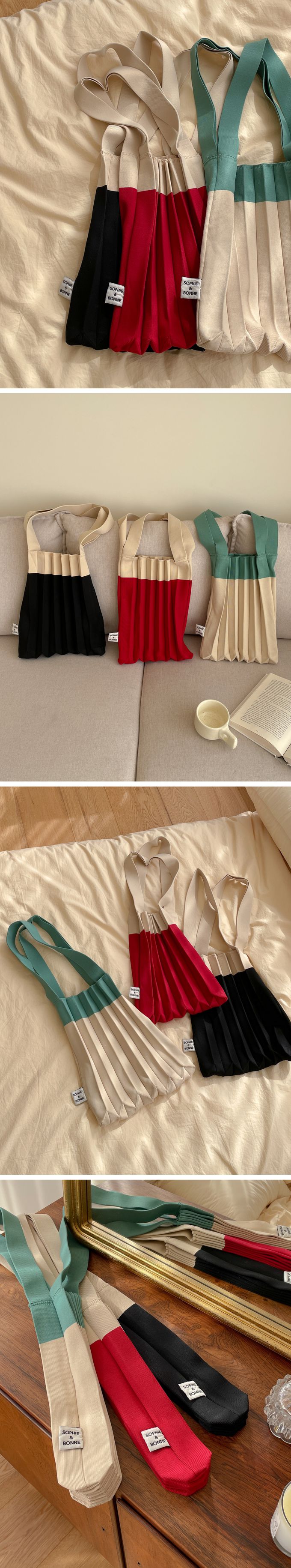 韓國 SOPHIENBONNE - 百褶彈性針織撞色手提/肩背包-黑X米 (M)