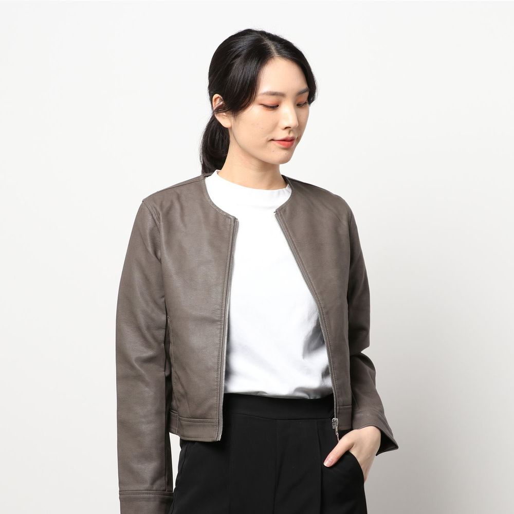 日本 Riche Glamour - 帥氣仿皮皮衣-圓領素面-深灰