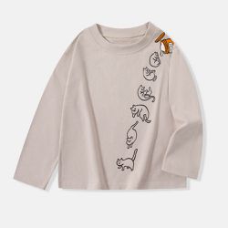 BE TOP - 純棉圓領薄長袖上衣-調皮貓咪-灰色