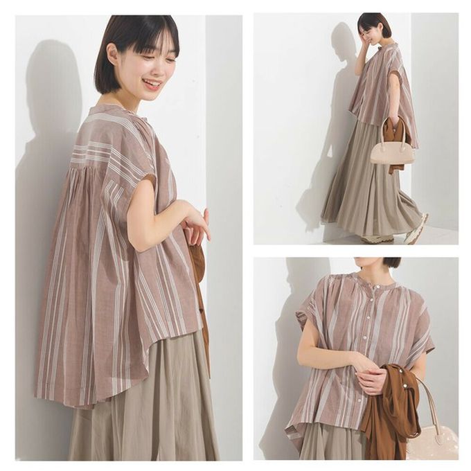 日本 OMNES - 100%印度棉 輕盈寬版襯衫式上衣-條紋-棕