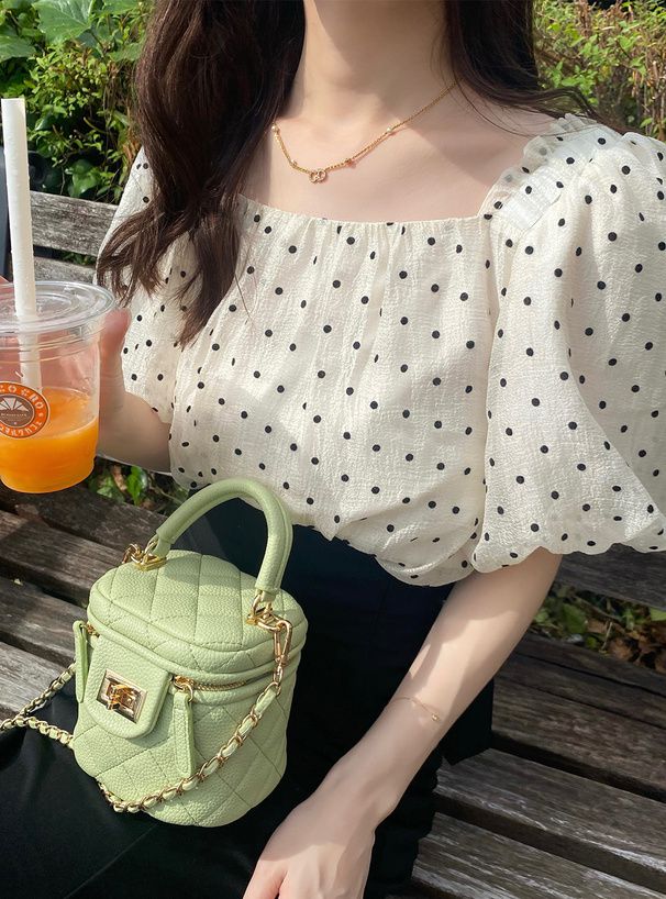 日本 GRL - 法式方領點點泡泡袖上衣-石墨灰 (M)