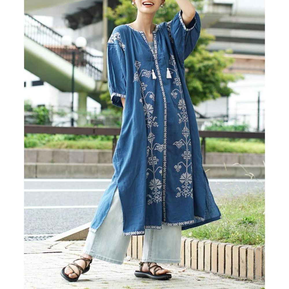 日本 zootie - 棉麻涼爽刺繡民族風洋裝-寧靜藍