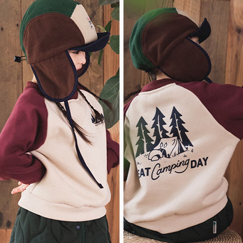 加絨撞色拼接長袖上衣/大學T-前後印花-杏色