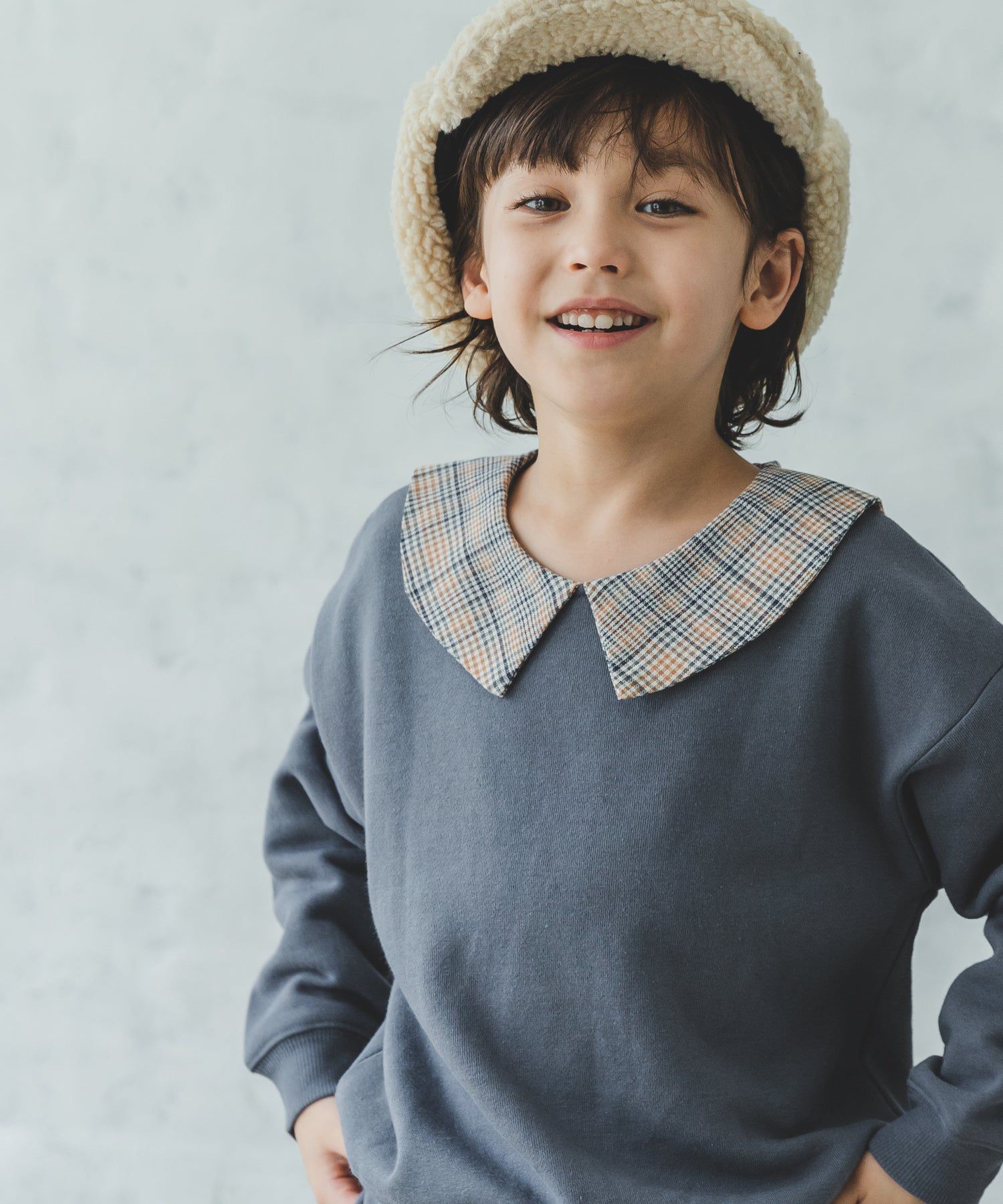 日本 PAIRMANON - 歐風翻領刷毛長袖上衣-碎花領-煙燻粉