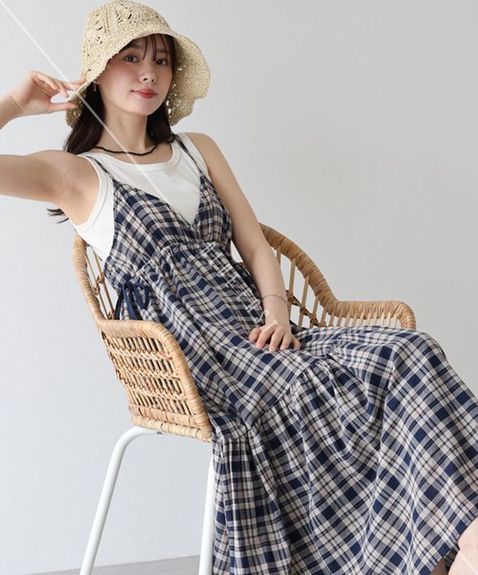 日本 BLUE EAST - 可愛格紋側蝴蝶結細肩帶洋裝-深藍 (M)