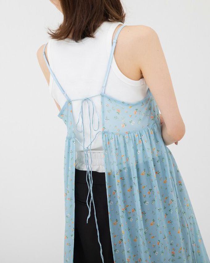 日本 gleam - 前後2way浪漫小花細肩帶薄紗洋裝-水藍