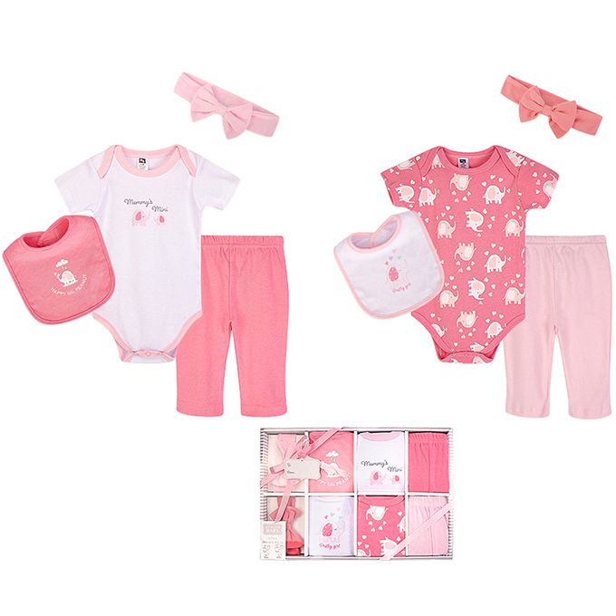 美國 Luvable Friends - 甜蜜寶貝嬰幼兒包屁衣與長褲最佳送禮 8入彌月禮盒組-大象寶貝