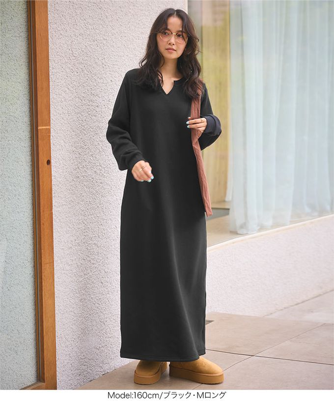 日本 Kobe Lettuce - 極上溫暖 裏起毛鑰匙領休閒長袖洋裝-黑