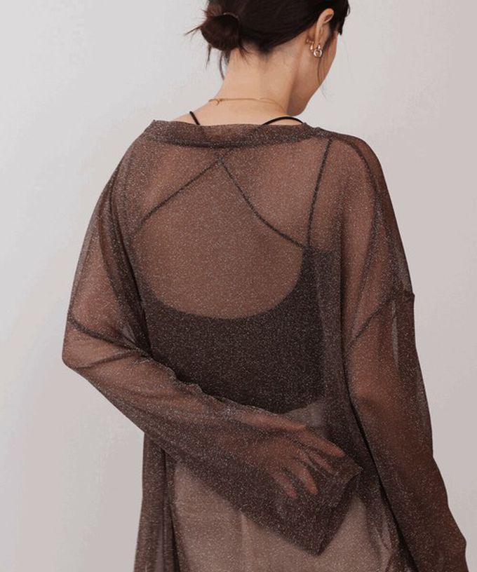 日本 Bab - 光澤閃耀透膚寬版長袖上衣-咖啡