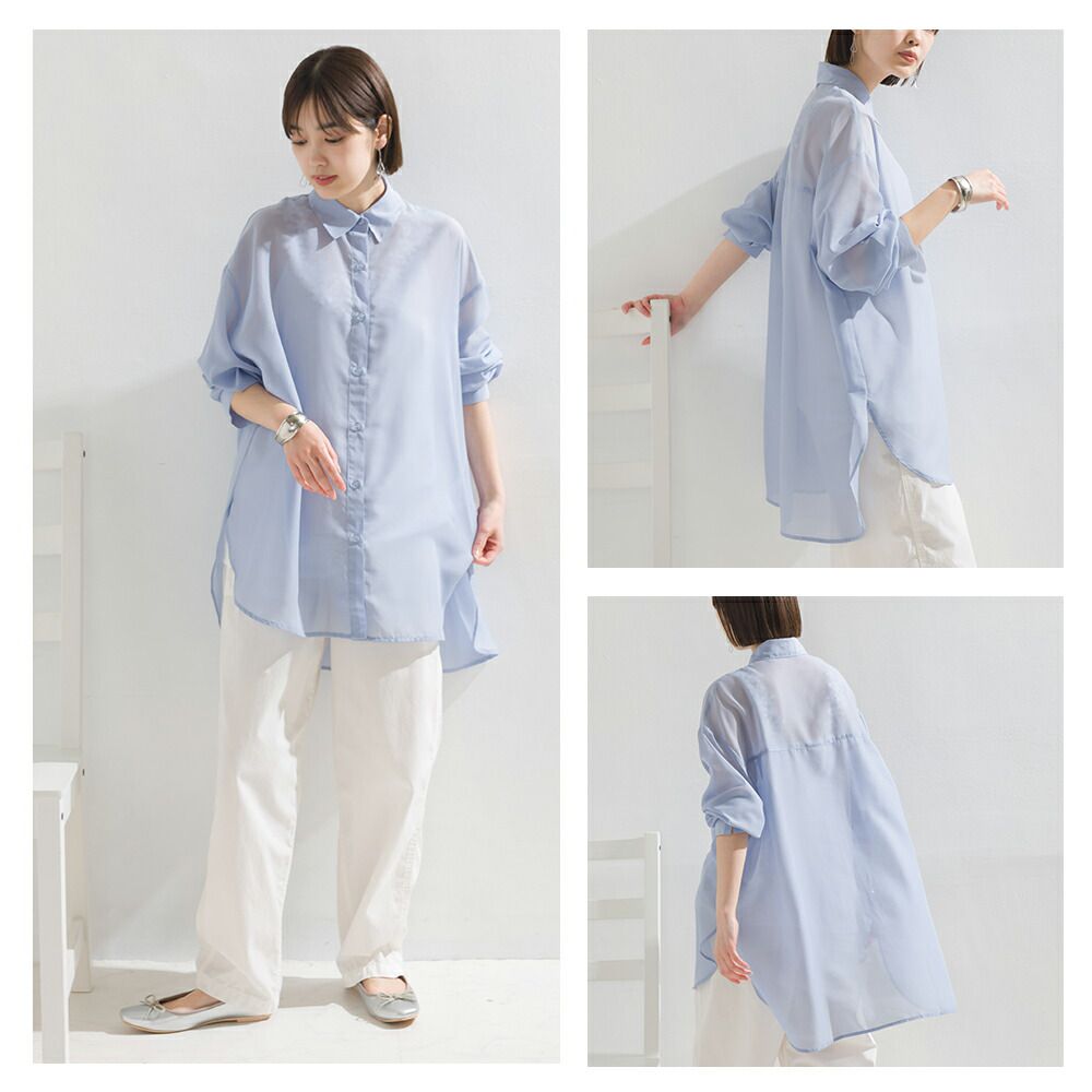 日本 OMNES - 透感前短後長翻領長袖襯衫-米杏