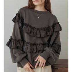 日本 Bab - 豐盈光澤感荷葉裏毛長袖上衣-炭灰