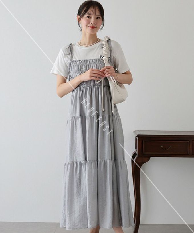 日本 BLUE EAST - 清爽透膚感皺摺綁帶分層洋裝-灰