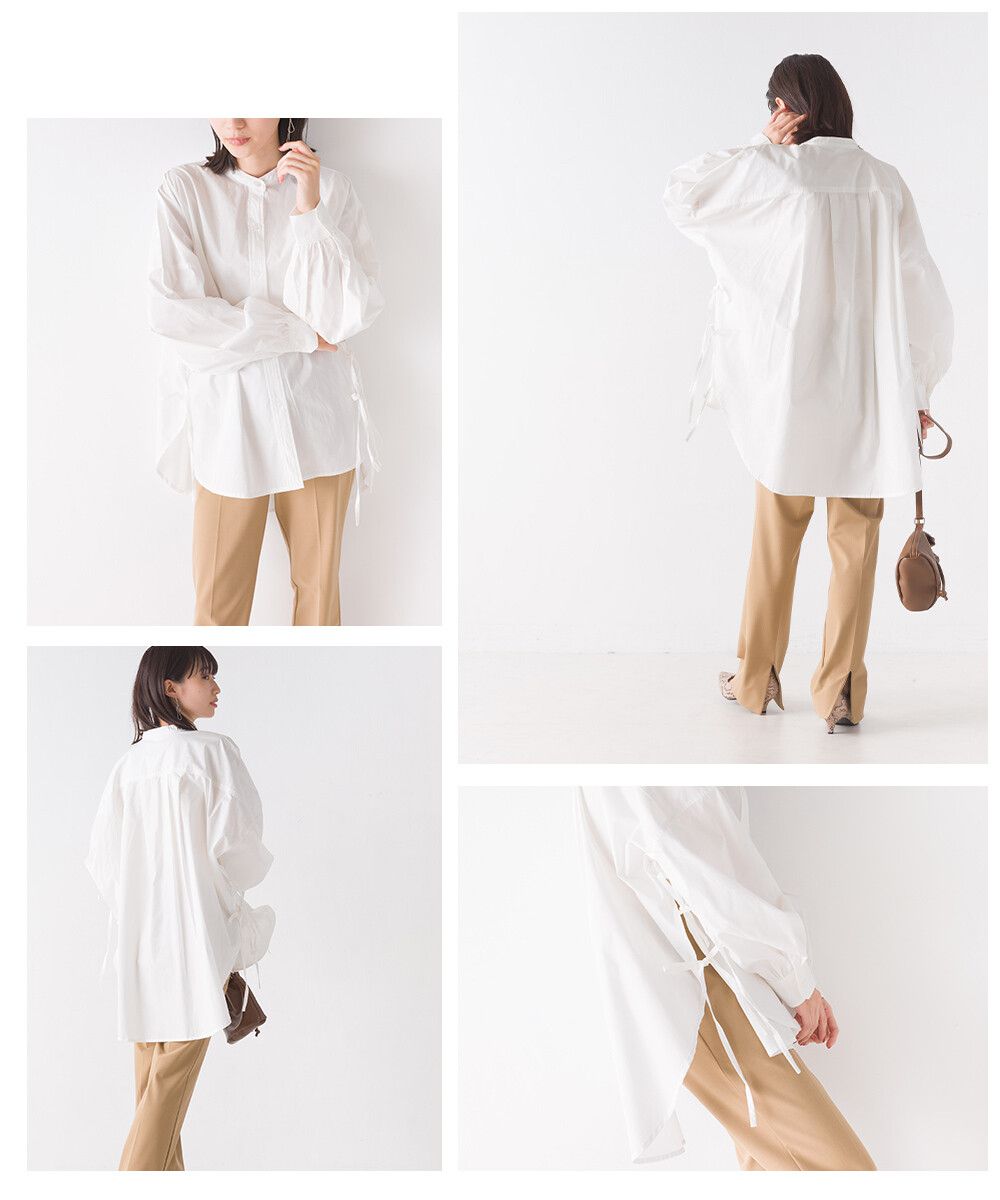 日本 OMNES - 優雅側綁帶立領氣球袖襯衫-時尚黑