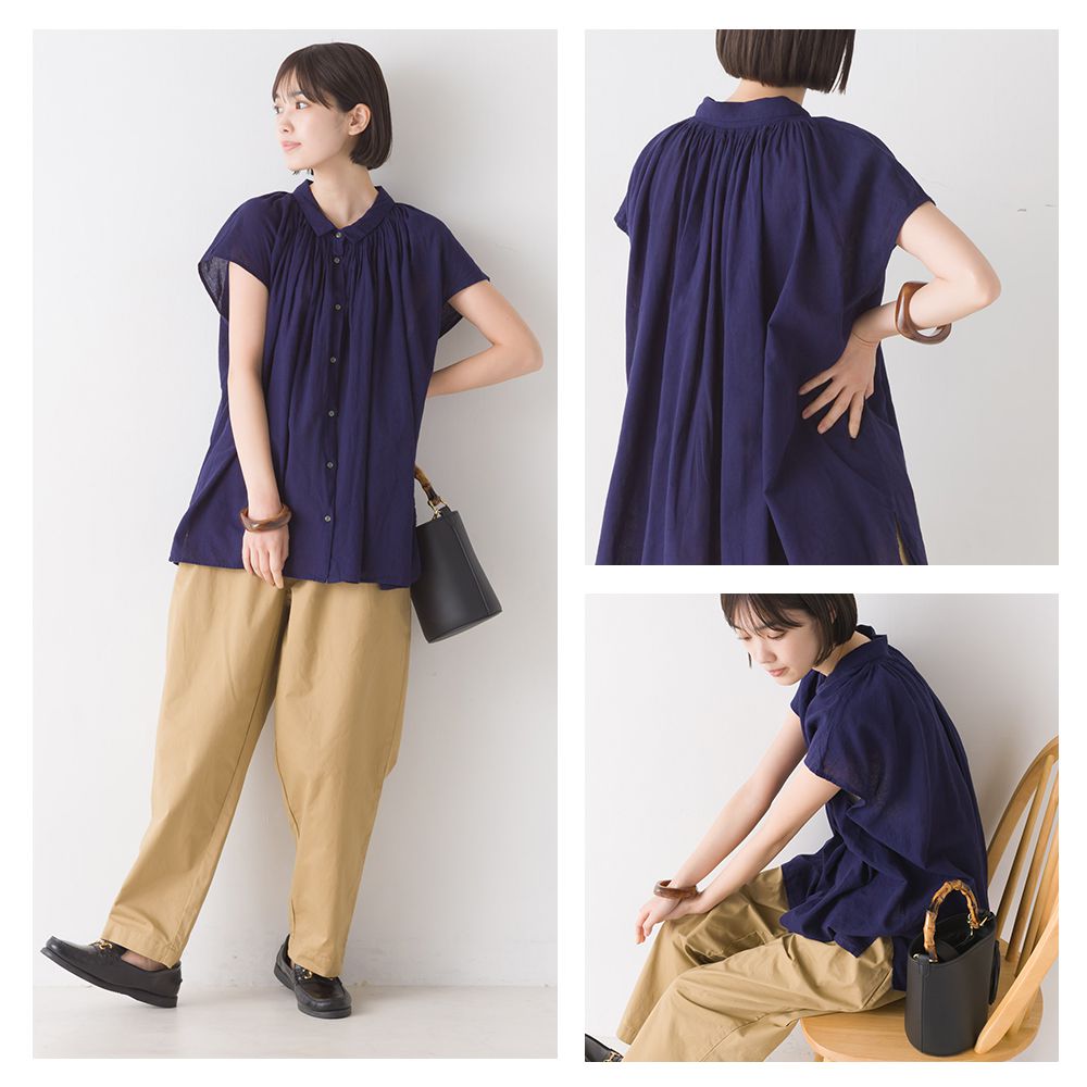 日本 OMNES - 微透膚棉麻涼爽短袖上衣-深灰