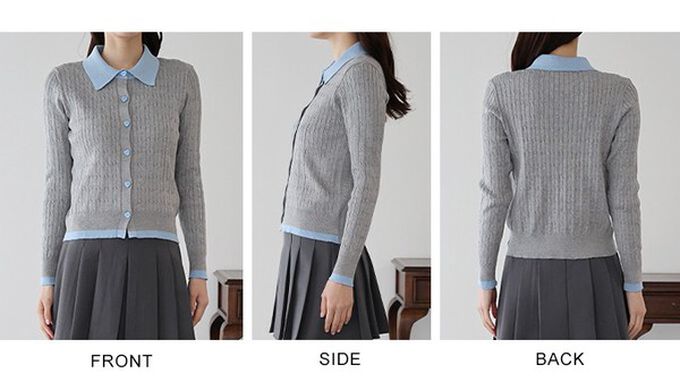 日本 BLUE EAST - 愛心扣雙色polp領麻花開襟衫-灰