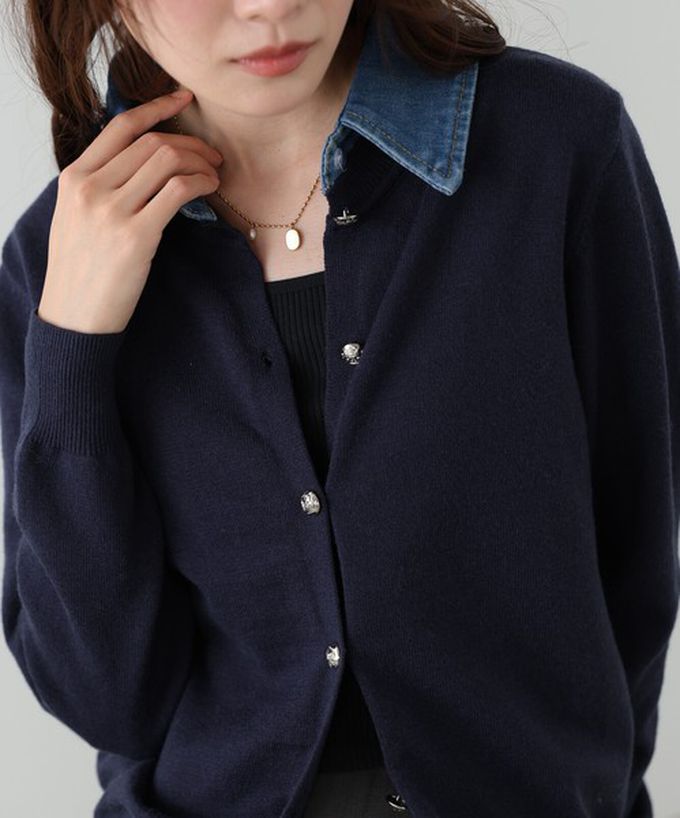 日本 Bab - 牛仔領時尚休閒感針織開襟衫-海軍藍