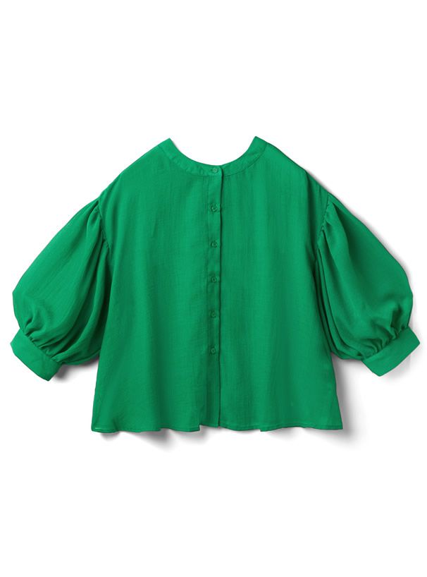 日本 GRL - 光澤感透膚澎袖輕薄七分袖襯衫-黑