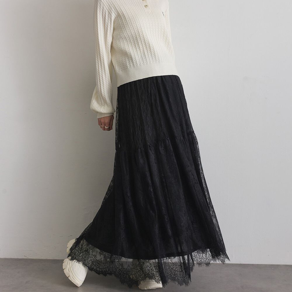 奢華睫毛蕾絲飄逸長裙(2件式)-黑