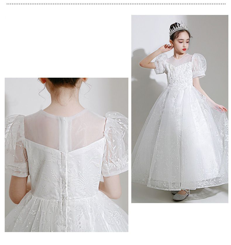 桃心V領公主泡泡五分袖網紗禮服-滿滿亮片-白色