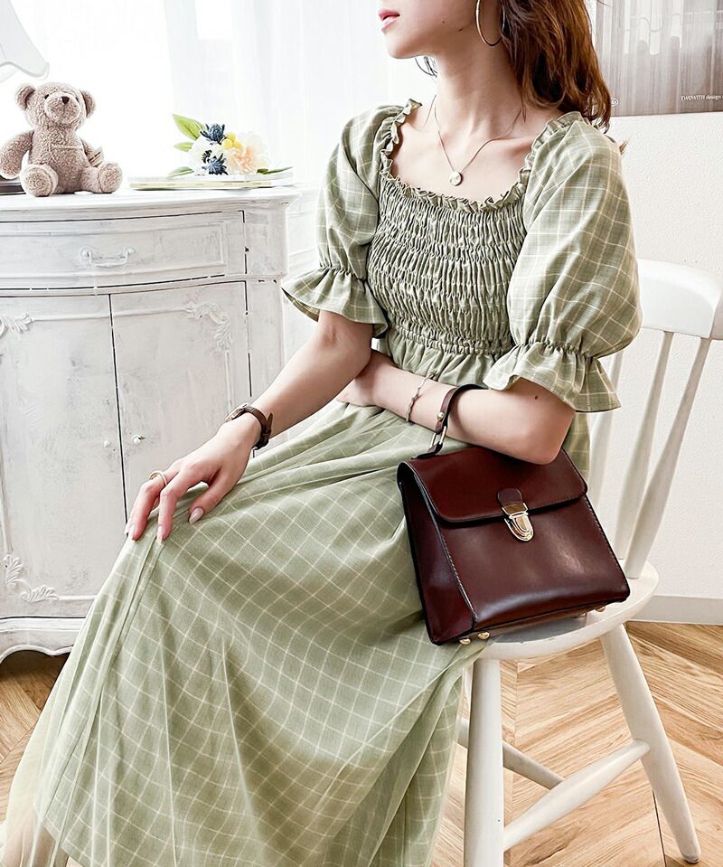 日本 Classical Elf - 歐風文藝泡泡袖紗拼接洋裝-格紋-草綠