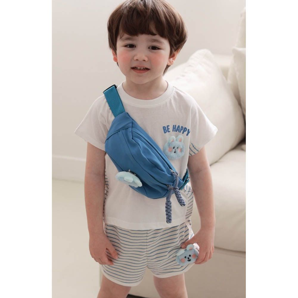 (附包包)毛絨動物上衣X條紋短袖套裝-萌萌兔-藍