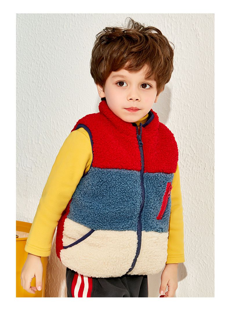 羊羔絨兒童保暖背心-拼色款-白+藍+紅
