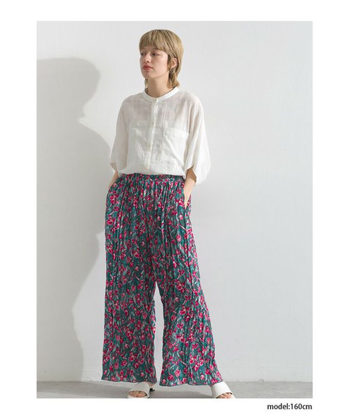 日本 le colis - 華麗藝文花卉飄逸感皺褶寬褲-綠桃系
