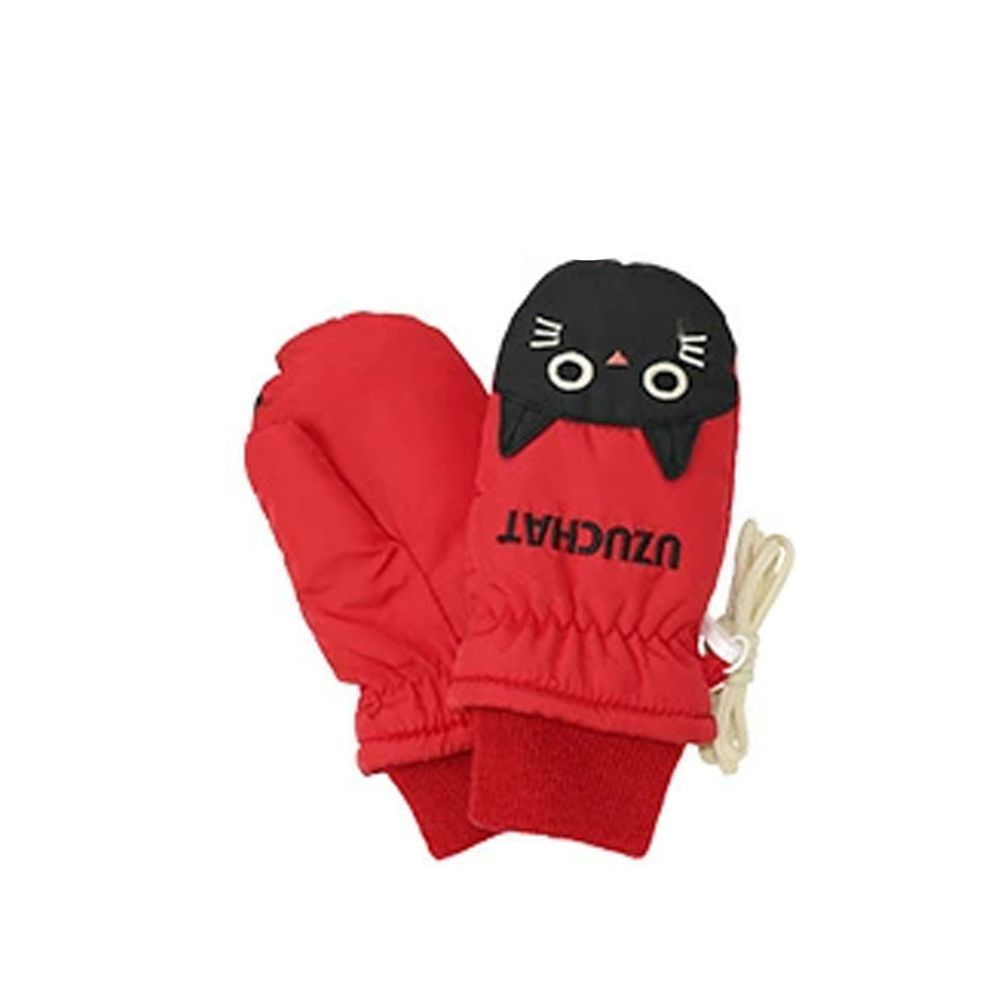 日本 ZOOLAND - 撥水加工 保暖兒童手套-小黑貓-紅