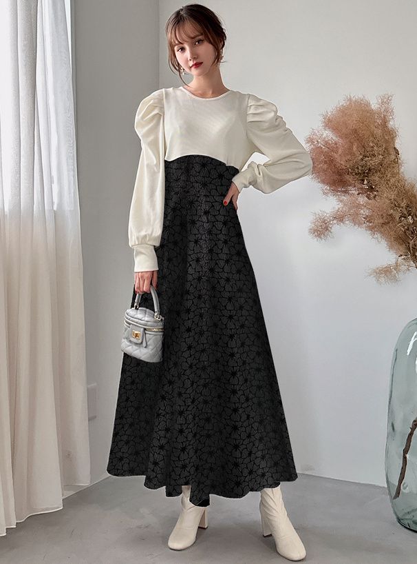 日本 GRL - 絕對優雅緹花拼接後綁帶洋裝-黑x白