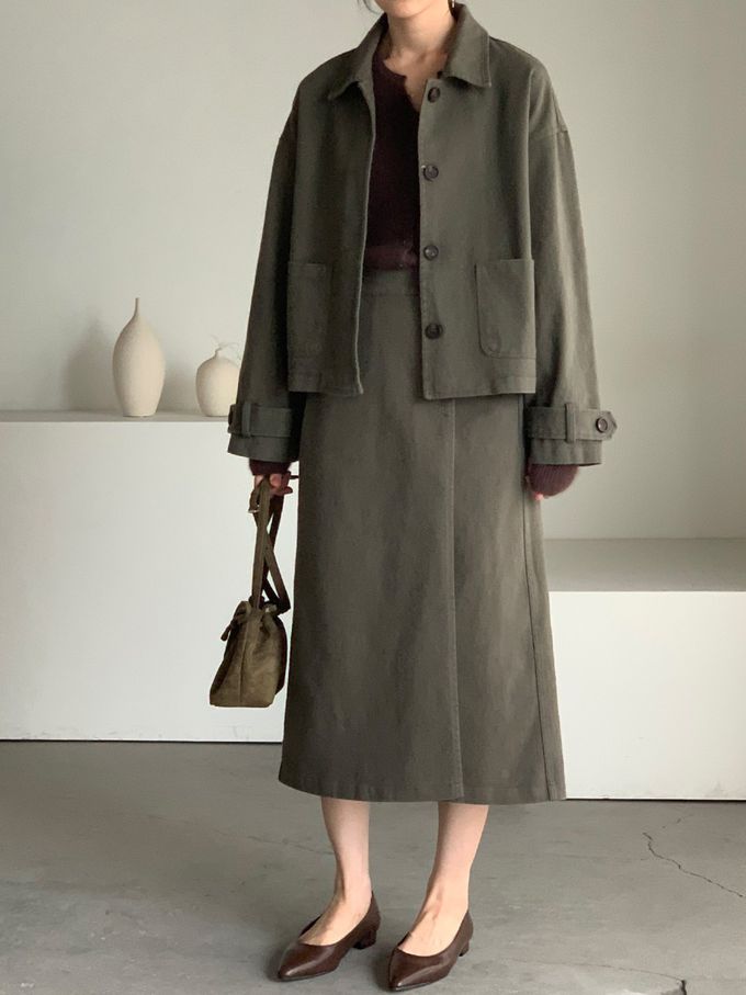 韓國女裝連線 - 後鬆緊鈕扣點綴A字長裙-灰軍綠 (FREE)