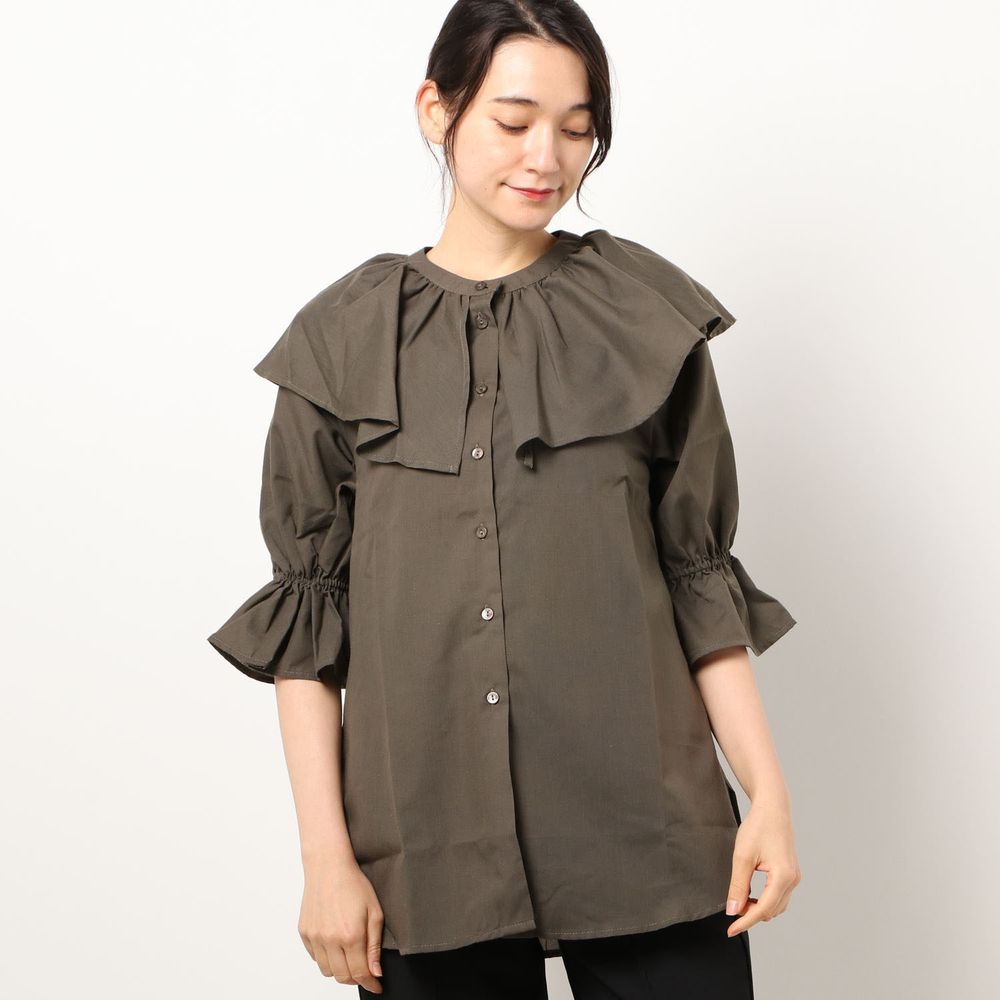 日本 Riche Glamour - 浪漫大荷葉五分袖襯衫-深咖啡