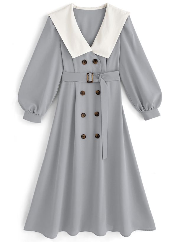 日本 GRL - 聯名款 英倫翻領收腰風衣洋裝-氣質杏