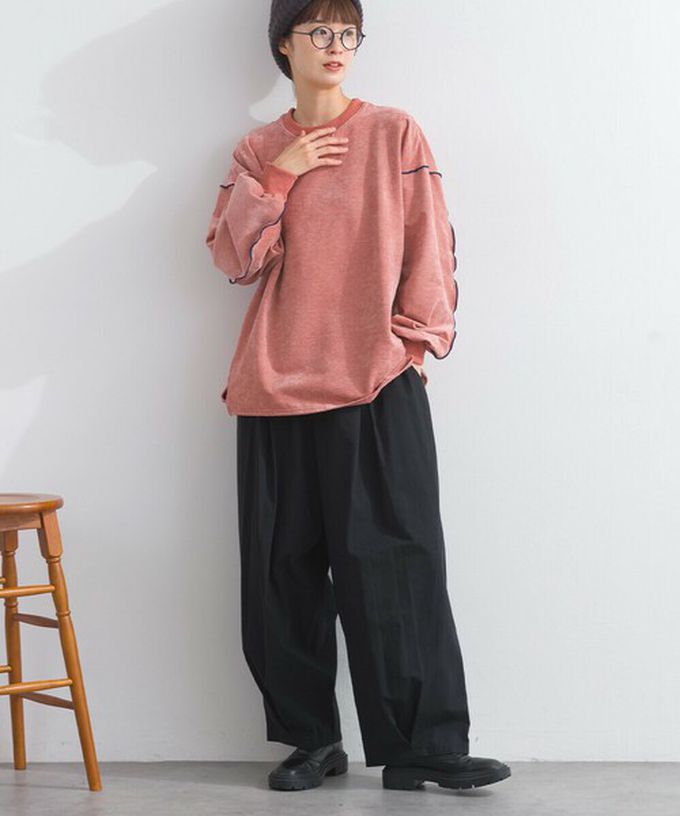 日本 Lupilien - 木耳縫線休閒絨面長袖上衣-海軍藍