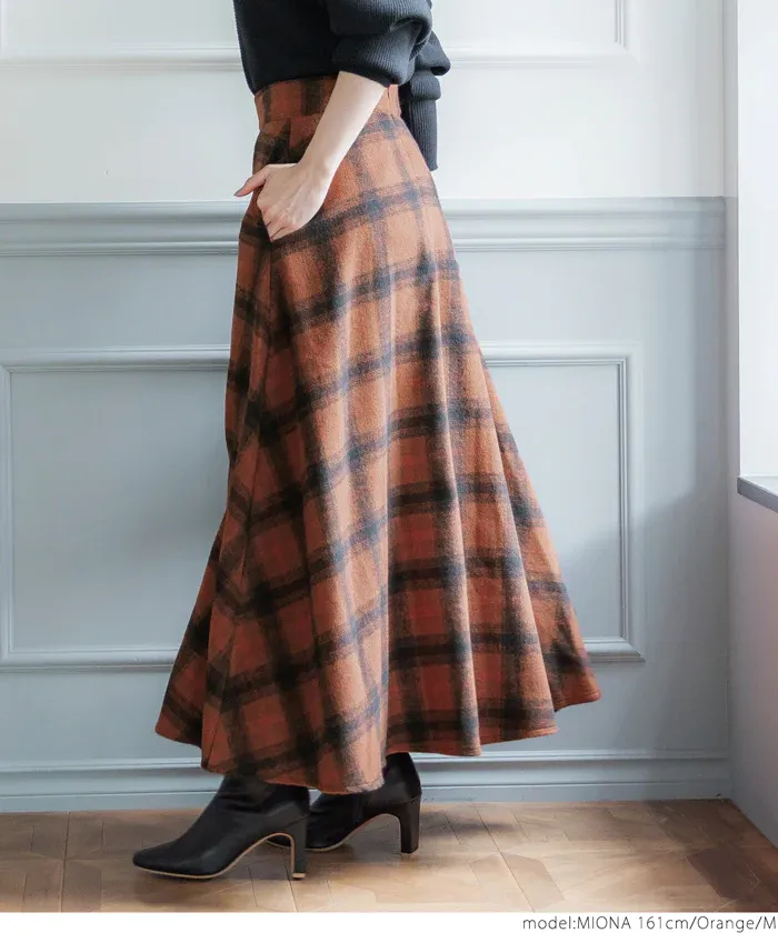 日本 COCA - 氣質歐風格紋修身長裙-暖橘藍