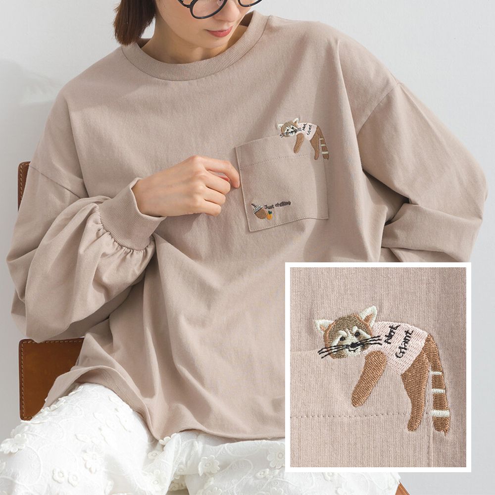 俏皮動物刺繡純棉長袖上衣-小熊貓-卡其杏