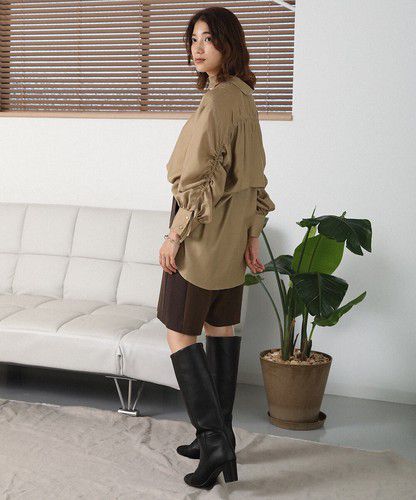 日本 Bou Jeloud - 個性抽繩設計長袖襯衫-淺墨綠