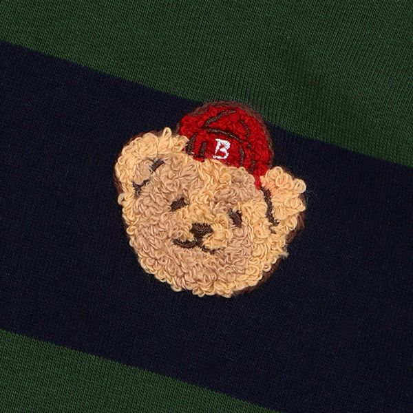 日本 petit main - 美式足球風氣質長袖POLO衫-刺繡小熊-黑米杏