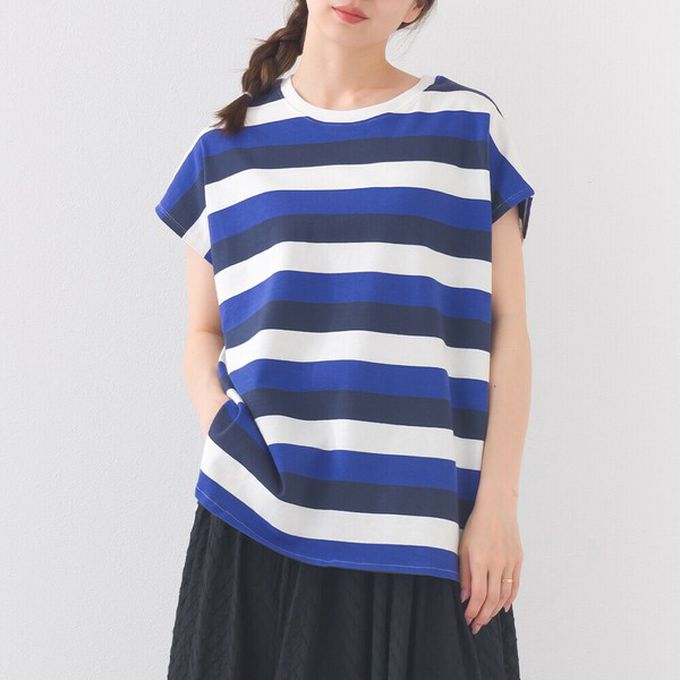 日本 OMNES - 接觸冷感 純棉不易皺法式袖上衣-粗條紋-藍綠x白