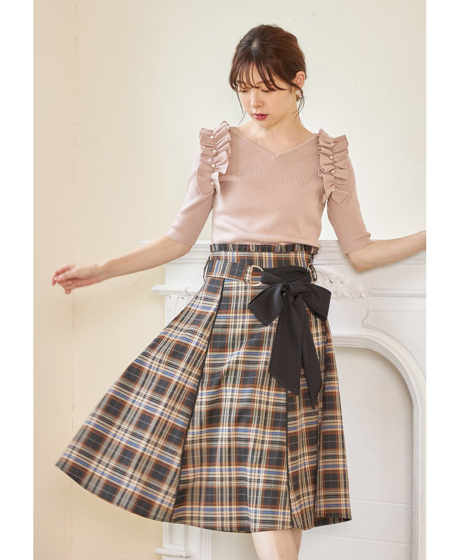 日本 tocco-closet - 蝴蝶紐結格紋修身長裙-簡約黑