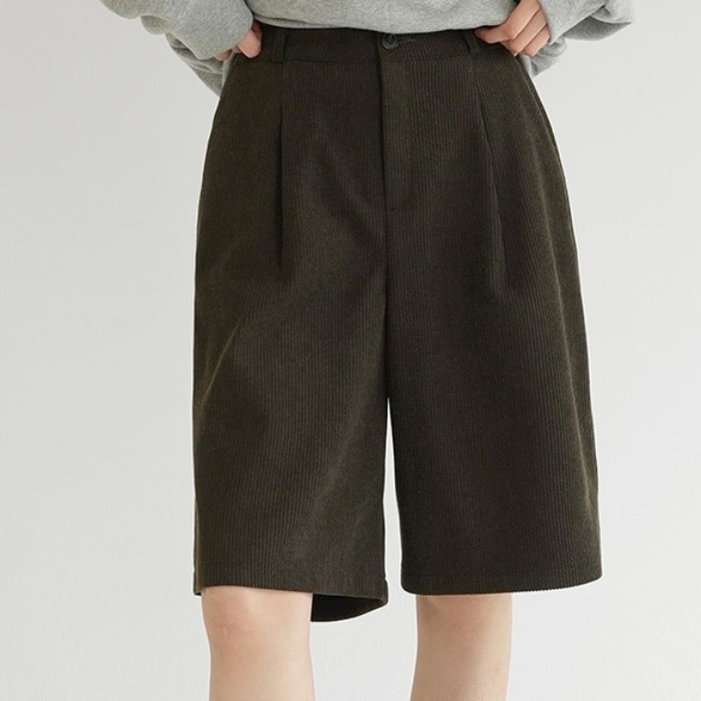 Domingoblue 後鬆緊腰質感燈芯絨五分褲-深軍綠