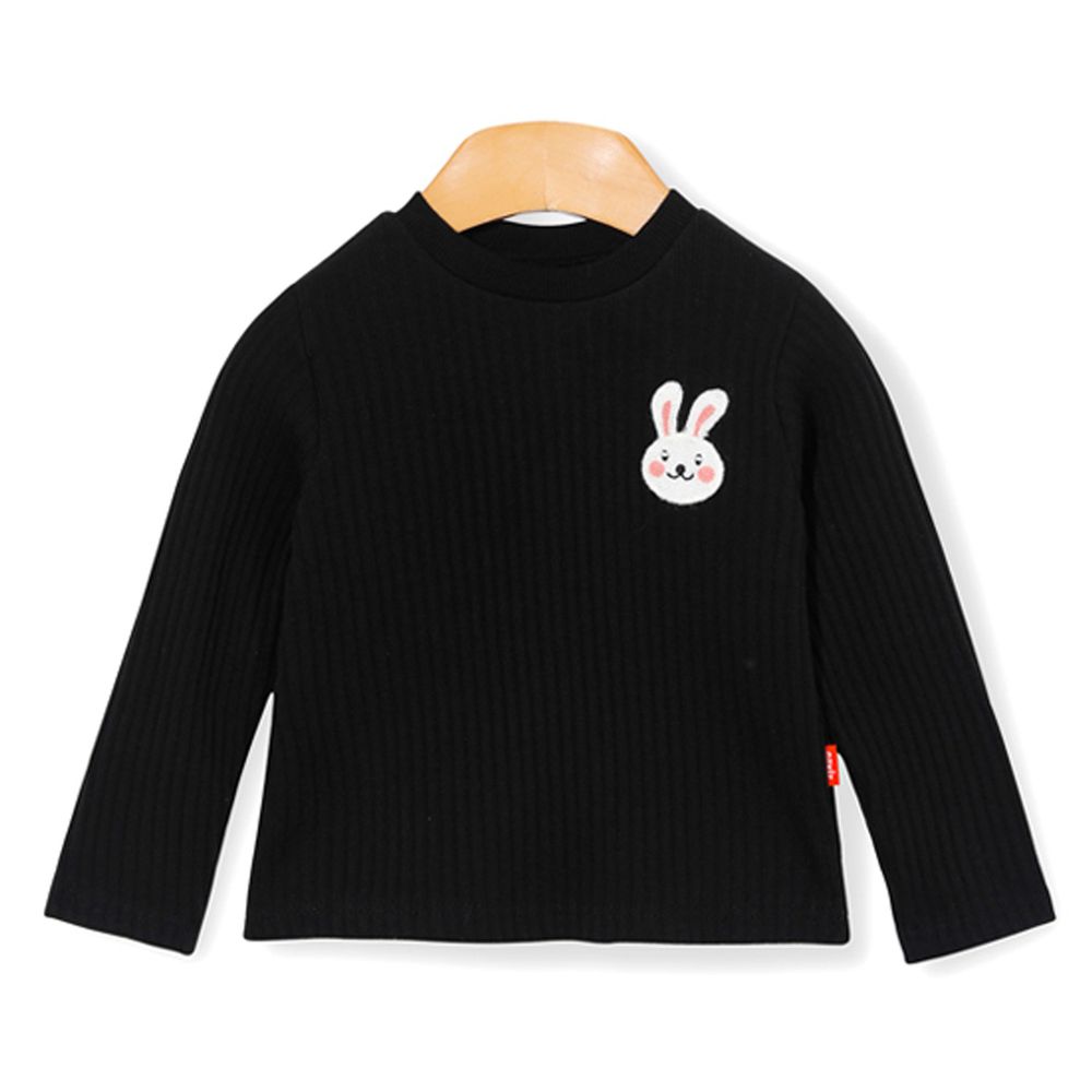 韓國 OZKIZ - 刺繡小兔螺紋針織衣-黑