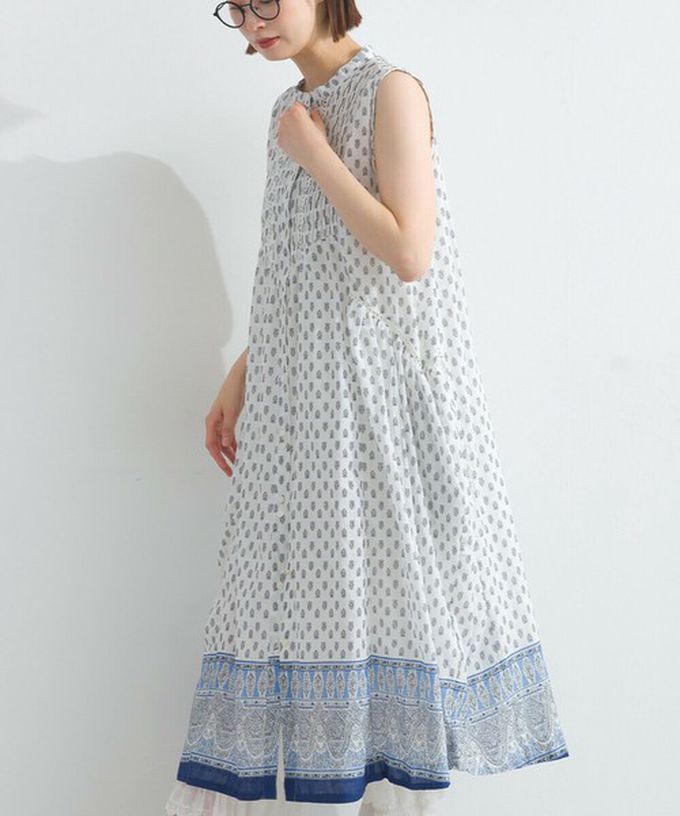 日本 Lupilien - 100%印度棉 清新印花柔軟洋裝-圖騰-深藍