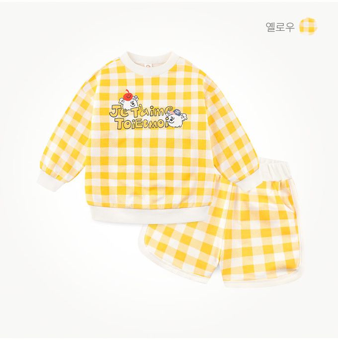 韓國 milk mile - 棋盤格紋白熊長袖短褲套裝-藍