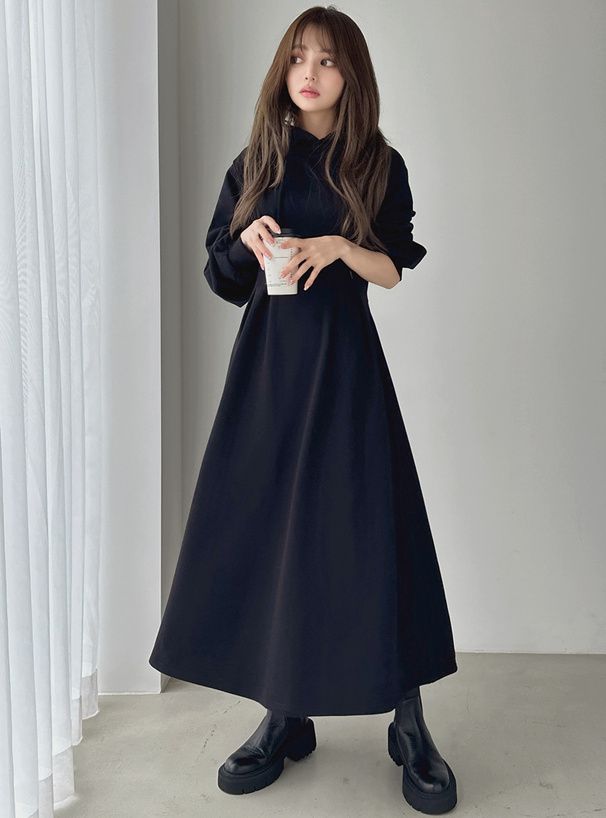 日本 GRL - 休閒感收腰連帽長袖洋裝-黑 (F)